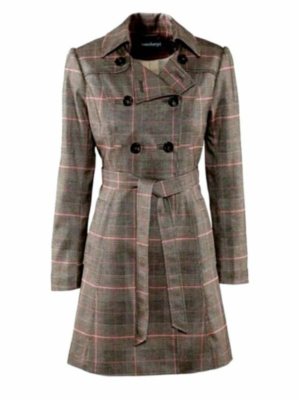 Women’s Plaid Double-Breasted Trench Coat - Brown Grey with Pink Windowpane